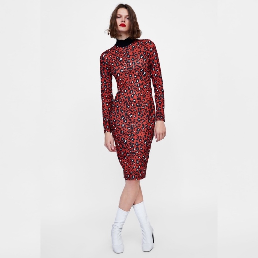 Zara Red Cheetah Print Tube Dress, Mock Neck